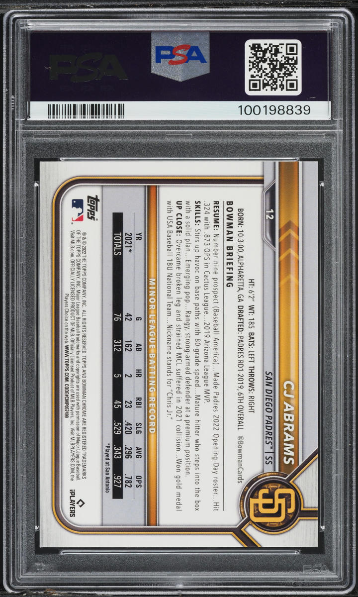 2022 Bowman Chrome Sapphire Edition Orange CJ Abrams SP ROOKIE /75 #12 PSA 10 GEM MINT