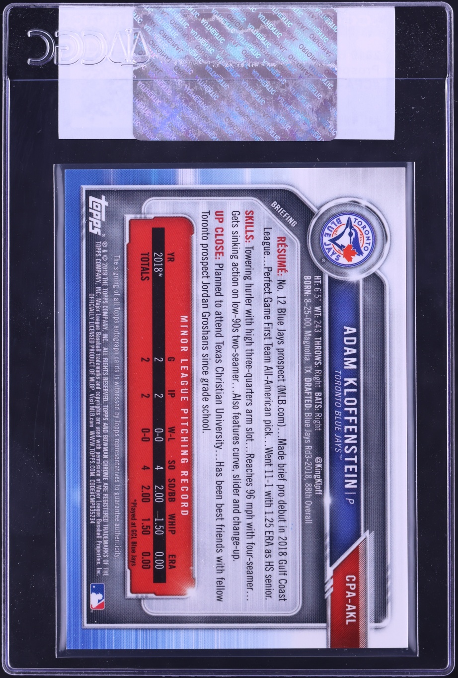 2019 Bowman Chrome Adam Kloffenstein PROSPECT AUTO #CPA-AKL CGC AUTH