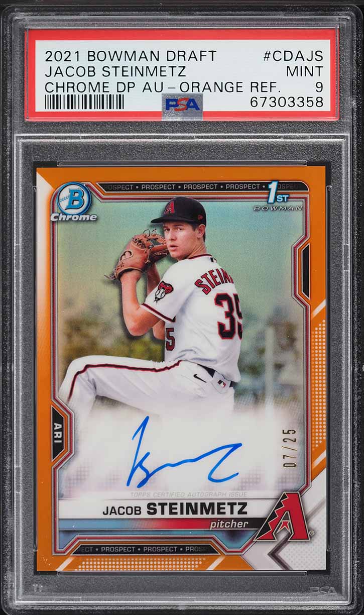 2021 Bowman Chrome Orange Refractor Jacob Steinmetz PROSPECT AUTO /25 PSA 9 MINT