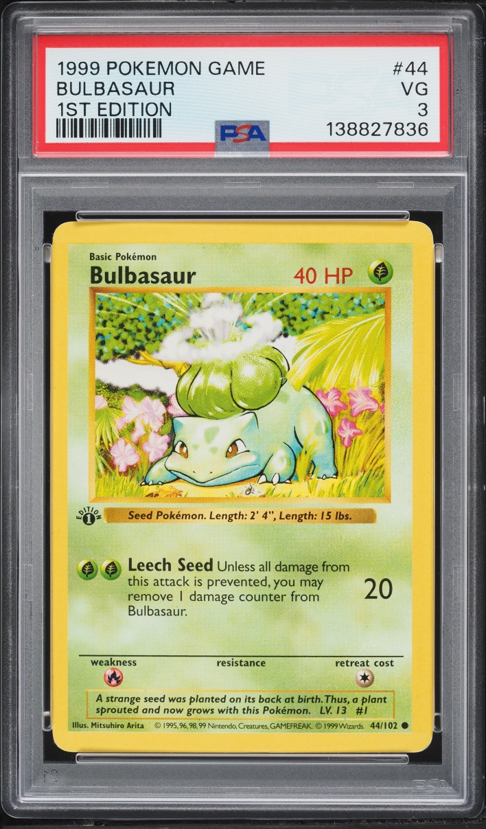 1999 Pokemon Base Set Shadowless 1st Edition Bulbasaur #44 PSA 3 VG