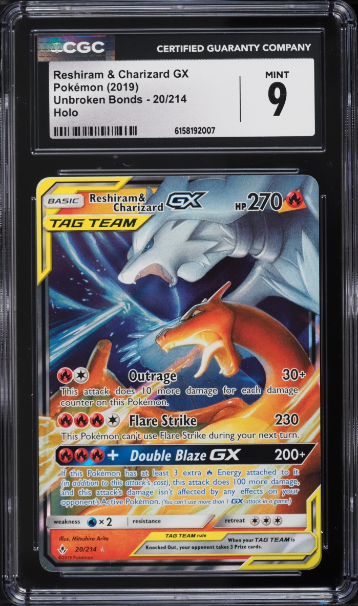 2019 Pokemon Sun & Moon Unbroken Bonds Holo Reshiram & Charizard GX #20 CGC 9 MINT