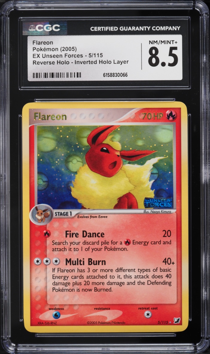 2005 Pokemon EX Unseen Forces Reverse Inverted Holo Layer Flareon #5 CGC 8.5 NM-MT+