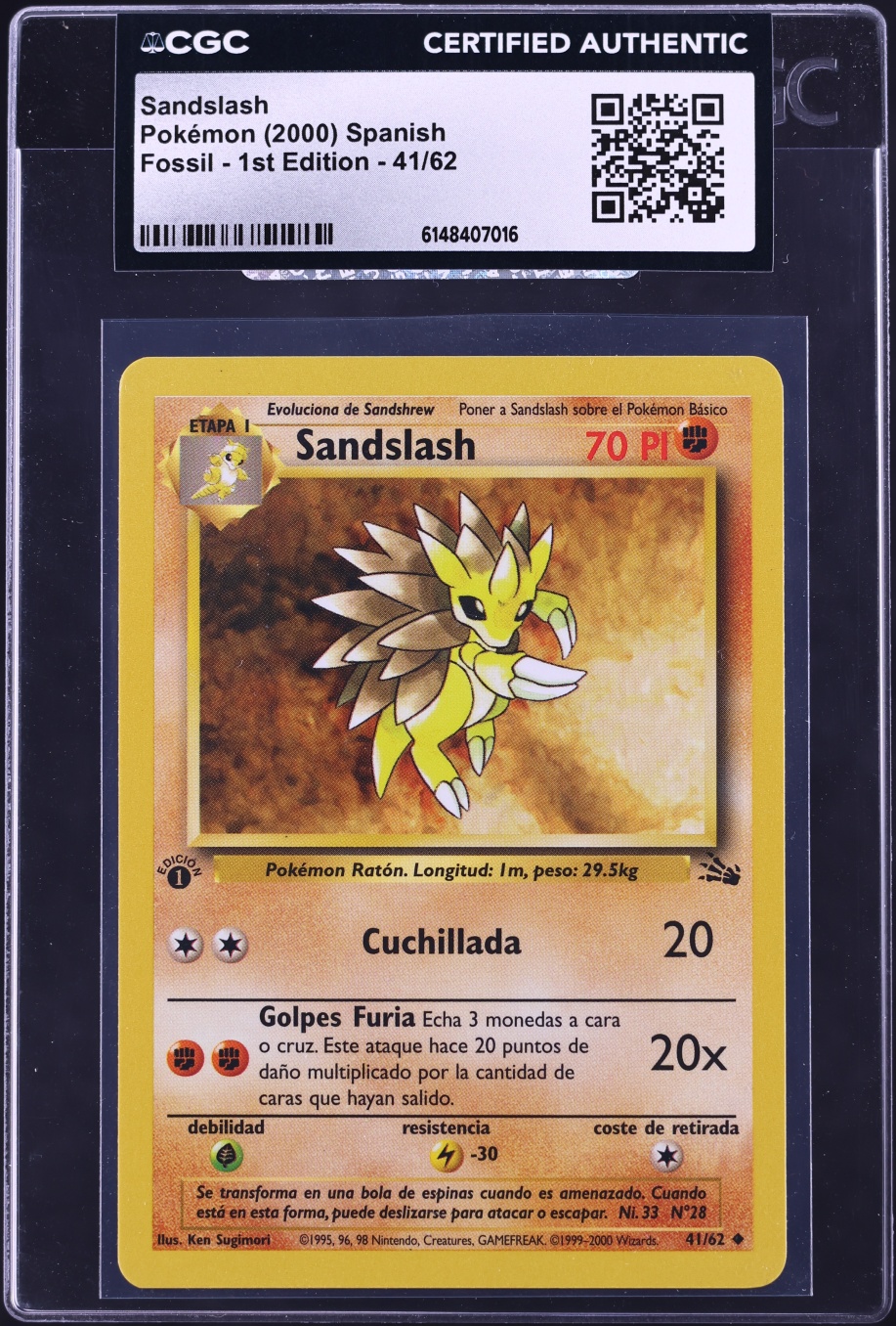 2000 Pokemon Spanish Fossil 1st Edition Sandslash #41 CGC AUTH