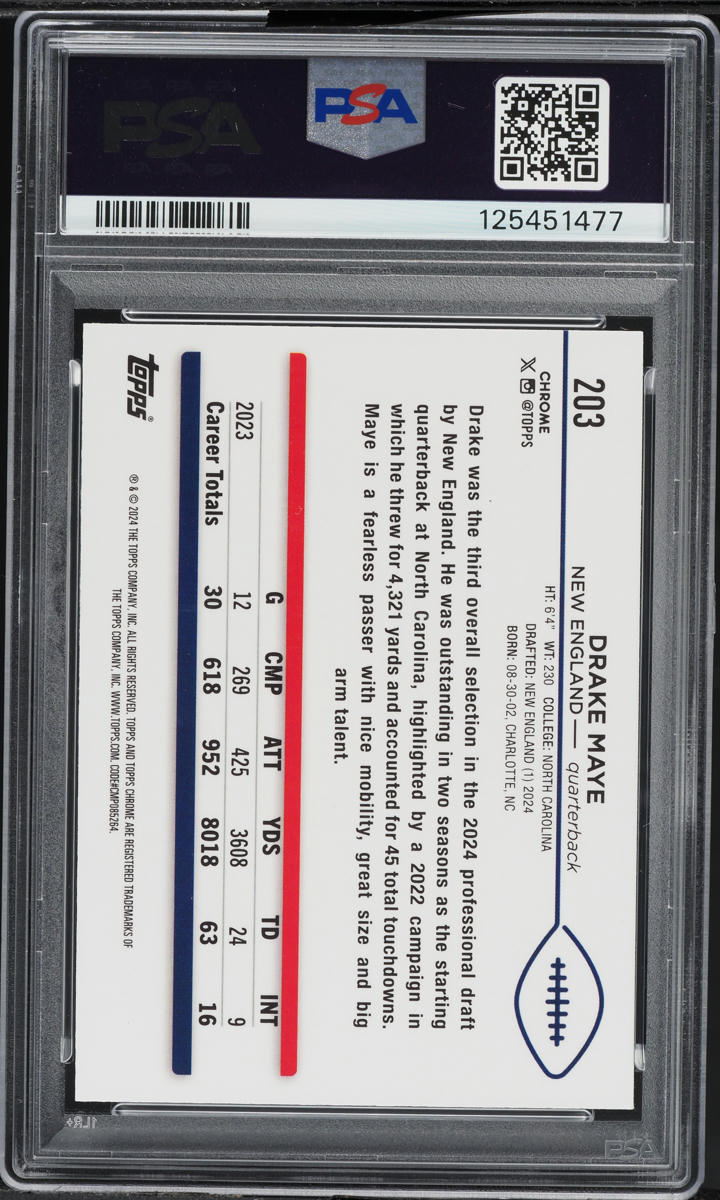 2024 Topps Chrome Blue Refractor Drake Maye ROOKIE /150 #203 PSA 9 MINT