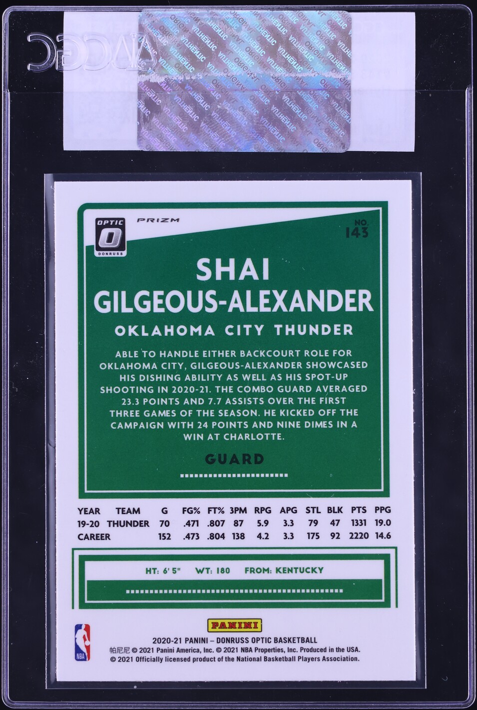 2020 Donruss Optic Hyper Pink Shai Gilgeous-Alexander #143 CGC AUTH