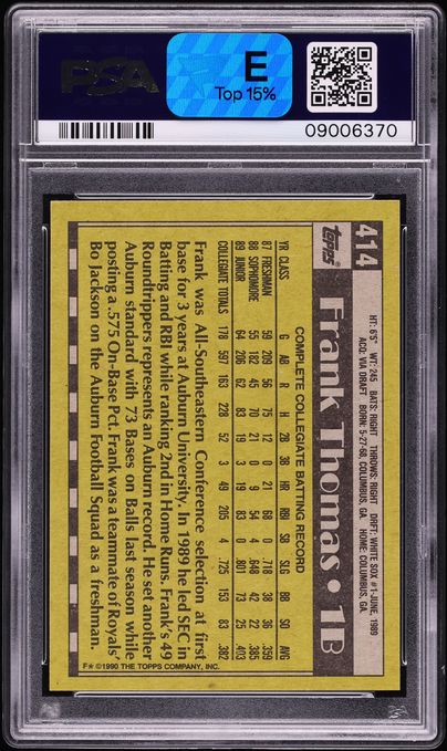 1990 Topps No Name On Front Frank Thomas ROOKIE #414 PSA 8 NM-MT