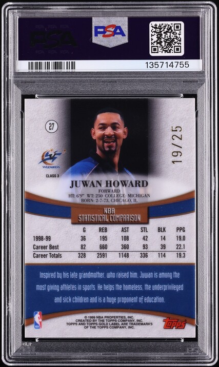 1999 Topps Gold Label Class 3 Red Juwan Howard /25 #27 PSA 9 MINT - Photo 2