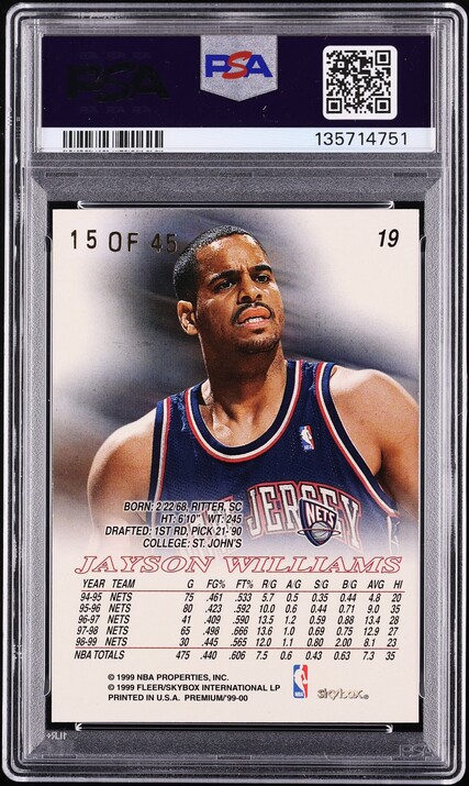 1999 Skybox Premium Star Rubies Jayson Williams /45 #19 PSA 7 NRMT - Photo 2