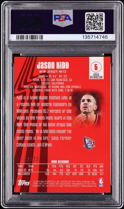 2003 Finest Gold Refractor Jason Kidd /25 #5 PSA 9 MINT - Photo 2