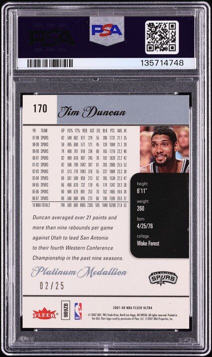 2007 Ultra Platinum Medallion Tim Duncan /25 #170 PSA 6 EXMT - Photo 2
