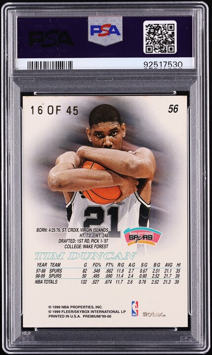 1999 Skybox Premium Star Rubies Tim Duncan /45 #56 PSA 6 EXMT - Photo 2