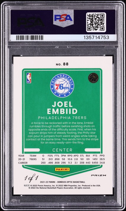 2021 Donruss Optic Black Joel Embiid 1/1 #88 PSA 9 MINT - Photo 2