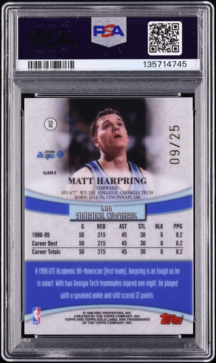 1999 Topps Gold Label Class 3 Red Matt Harpring /25 #12 PSA 9 MINT - Photo 2