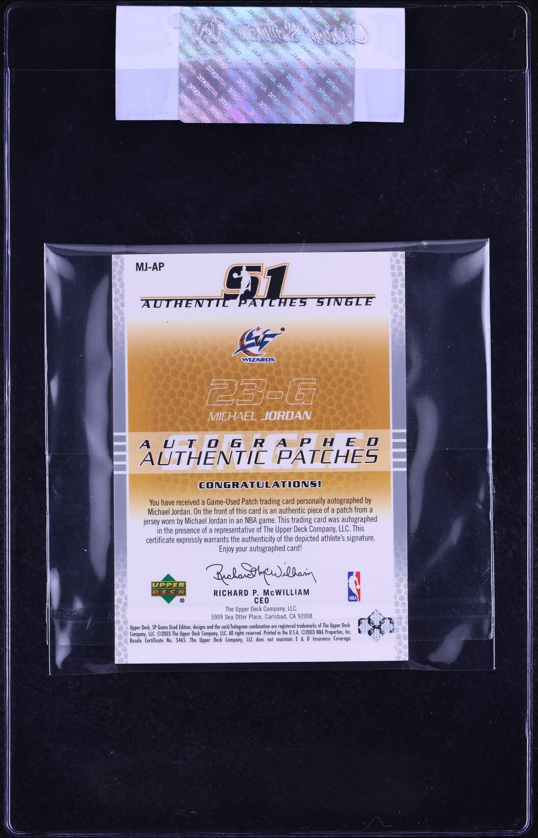 2003 SP Game Used Authentic Michael Jordan PATCH AUTO /50 #MJ-AP CGC AUTH