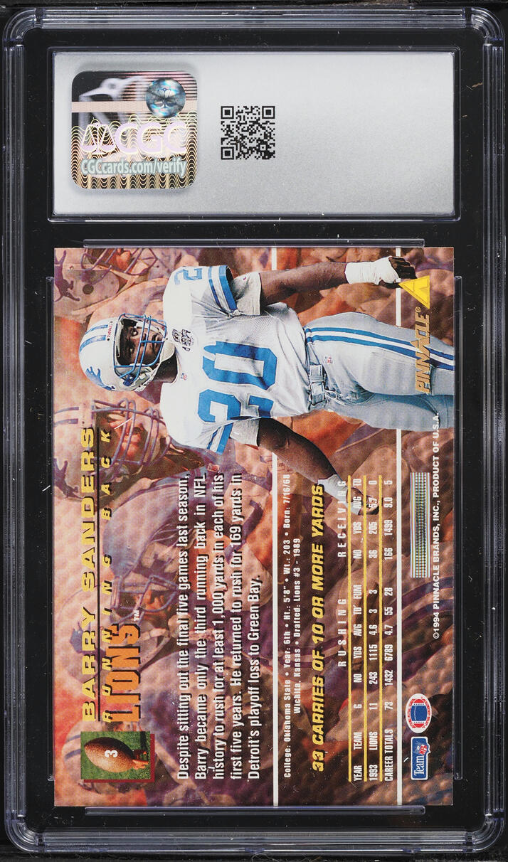 1994 Pinnacle Football Barry Sanders #3 CGC 10 GEM MINT