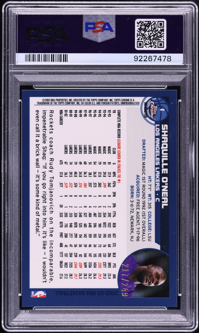 2002 Topps Chrome White Refractor Shaquille O'Neal /249 #1 PSA 10 GEM MINT
