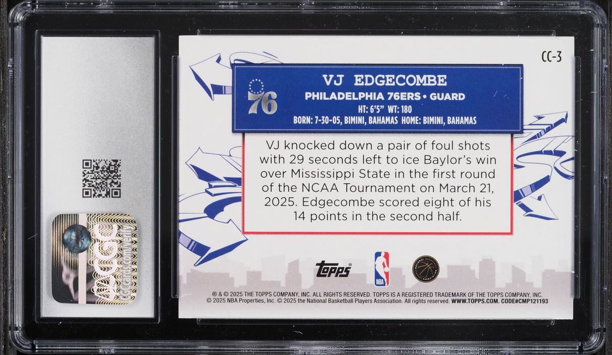 2025 Topps Clutch City Prospects VJ Edgecombe ROOKIE #CC-3 CGC 9 MINT