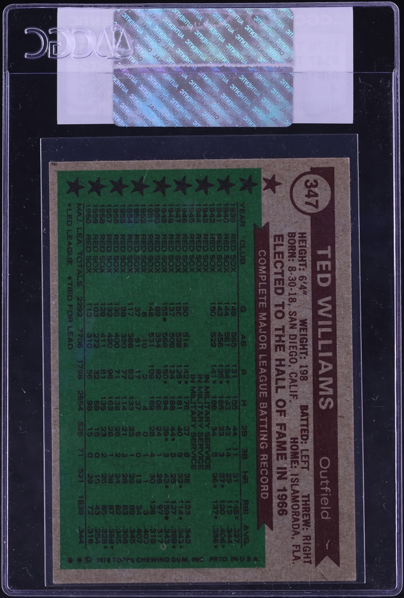 1976 Topps Ted Williams ALL-TIME ALL-STARS #347 CGC AUTH