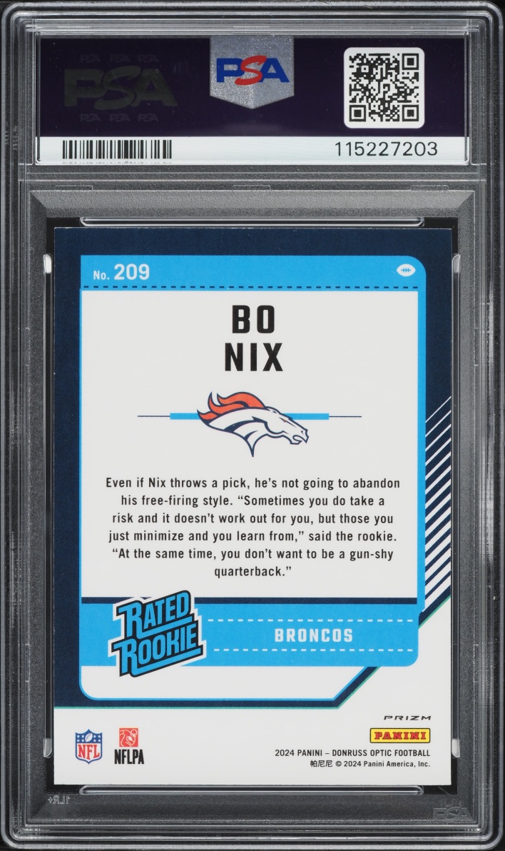 2024 Donruss Optic Purple Shock Prizm Bo Nix ROOKIE #209 PSA 10 GEM MINT