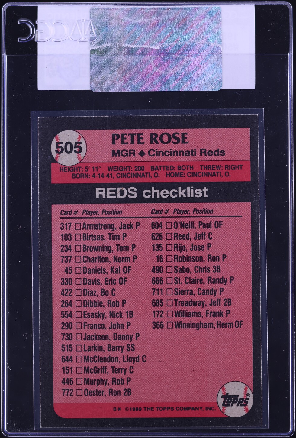 1989 Topps Pete Rose #505 CGC AUTH