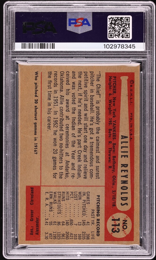 1954 Bowman Allie Reynolds #113 PSA 2 GD