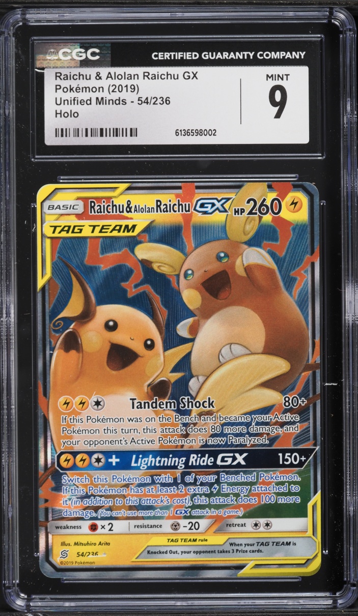2019 Pokemon Sun & Moon Unified Minds Raichu & Alolan Raichu GX #54 CGC 9 MINT
