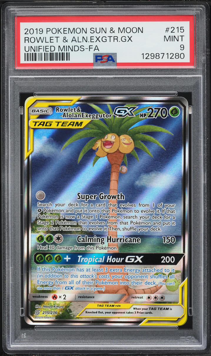 2019 Pokemon Sun & Moon Unified Minds Full Art Rowlet Alolan Exeggutor GX #215 PSA 9 MINT