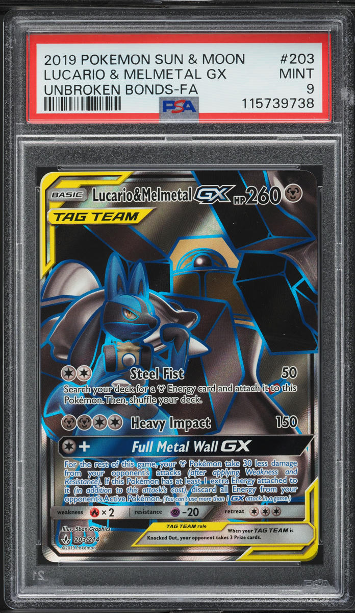 2019 Pokemon SM Unbroken Bonds Full Art Lucario & Melmetal GX #203 PSA 9 MINT