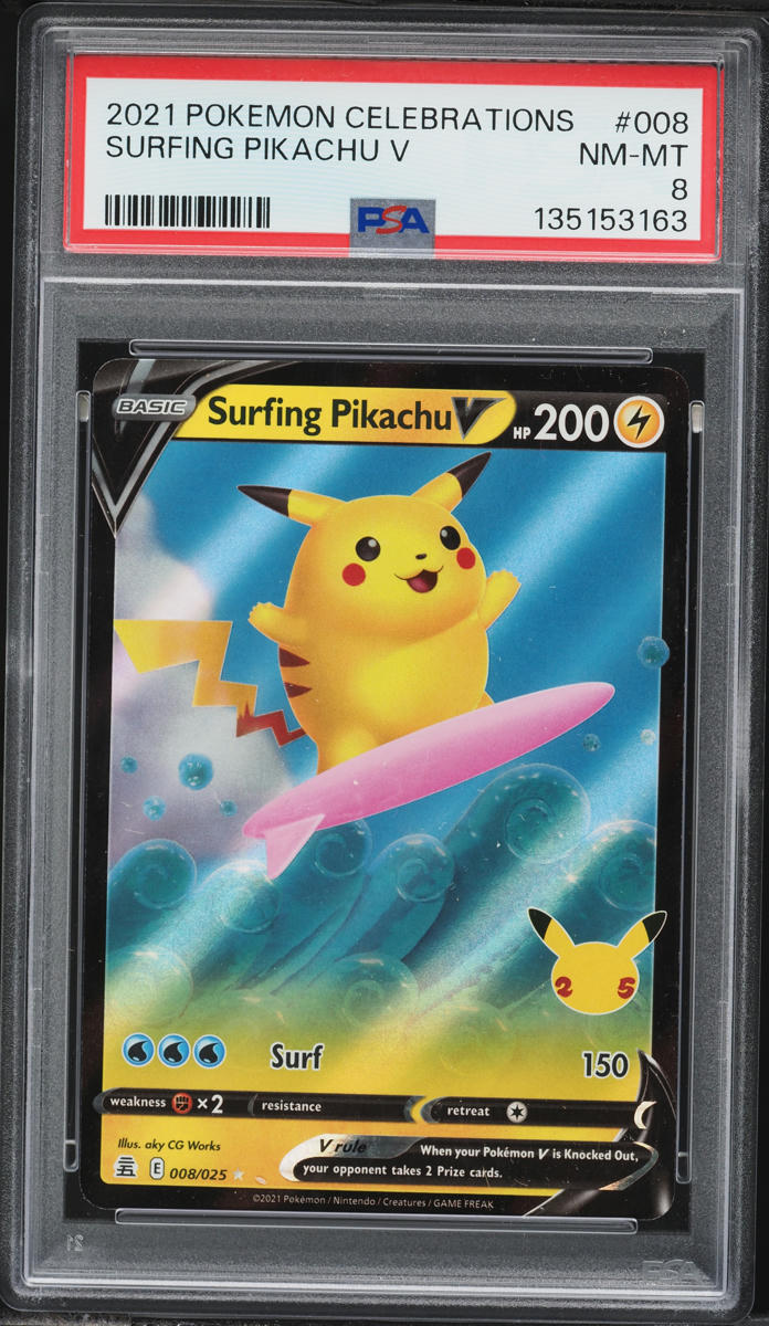 2021 Pokemon Sword & Shield Celebrations Holo Surfing Pikachu V #8 PSA 8 NM-MT