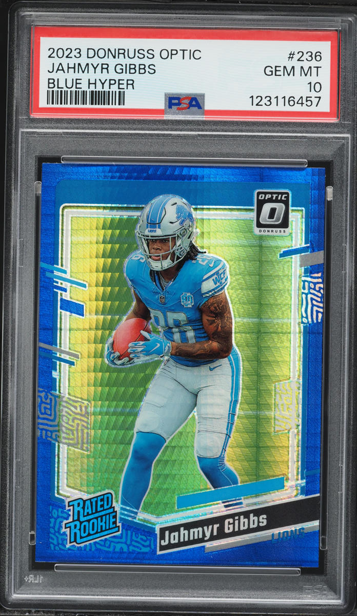 2023 Donruss Optic Blue Hyper Prizm Jahmyr Gibbs ROOKIE #236 PSA 10 GEM MINT