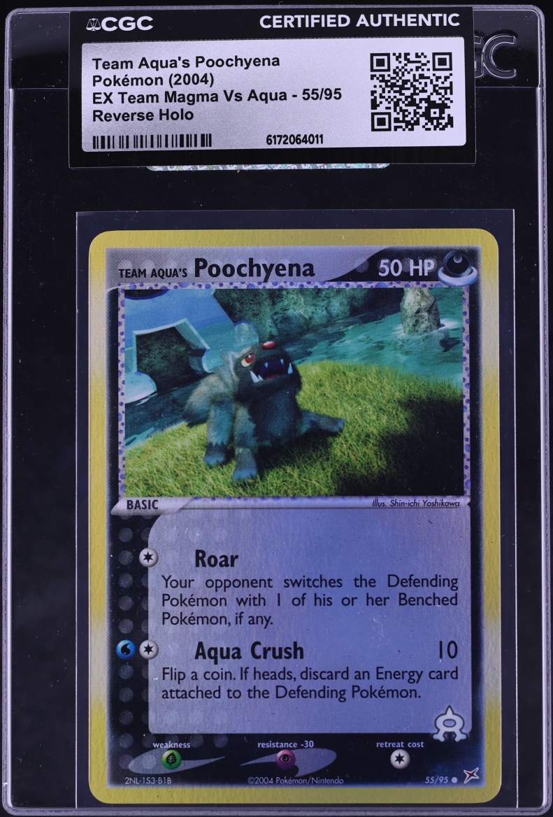 2004 Pokemon EX Team Magma Vs Team Aqua Reverse Holo Team Aqua's Poochyena #55 CGC AUTH