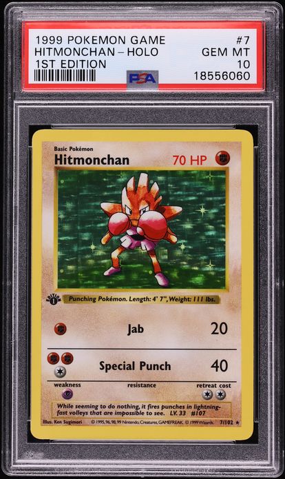 1999 Pokemon Base Set Shadowless 1st Edition Holo Hitmonchan #7 PSA 10 GEM MINT