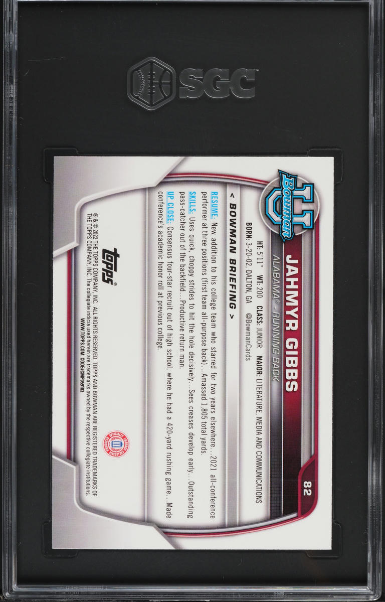 2022 Bowman Chrome University Pink Refractor Jahmyr Gibbs ROOKIE #82 SGC 9 MINT