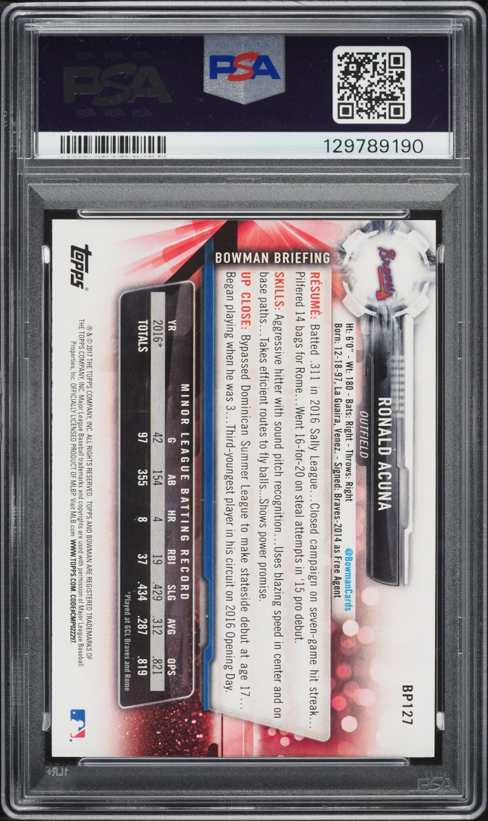 2017 Bowman Ronald Acuna Jr. PROSPECT #BP127 PSA 10 GEM MINT