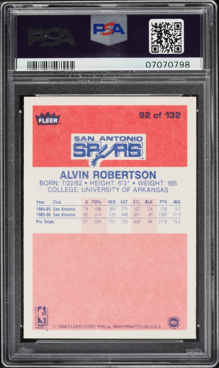 1986 Fleer Basketball Alvin Robertson #92 PSA 9 MINT