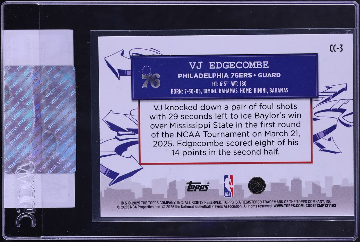 2025 Topps Clutch City Prospects VJ Edgecombe ROOKIE #CC-3 CGC AUTH