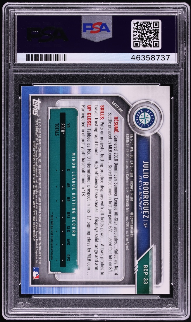 2019 Bowman Chrome Julio Rodriguez PROSPECT #BCP-33 PSA 10 GEM MINT