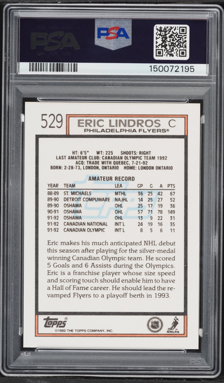 1992 Topps Eric Lindros ROOKIE #529 PSA 10 GEM MINT