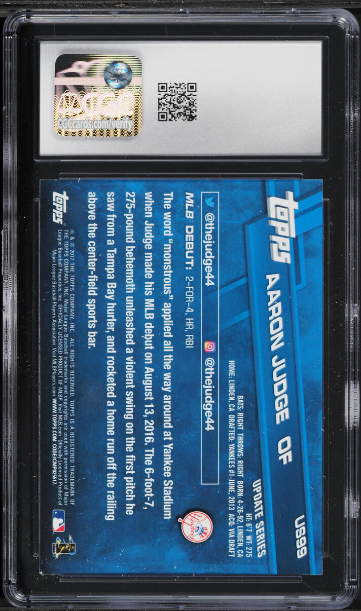 2017 Topps Update Aaron Judge ROOKIE #US99 CGC 10 GEM MINT