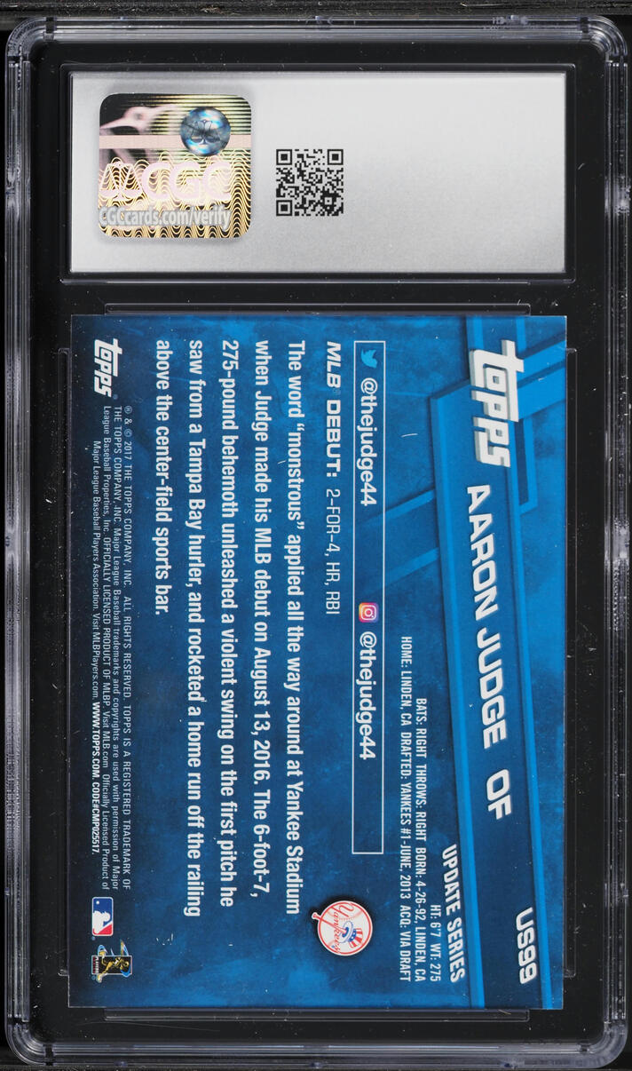 2017 Topps Update Aaron Judge ROOKIE #US99 CGC 10 GEM MINT