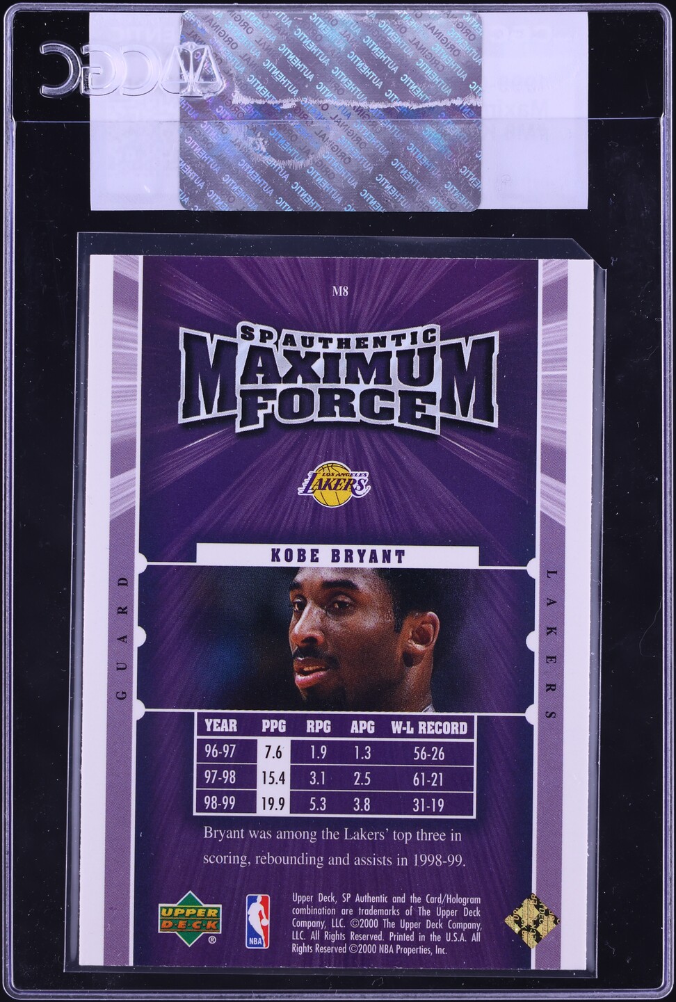 1999 SP Authentic Maximum Force Kobe Bryant #M8 CGC AUTH