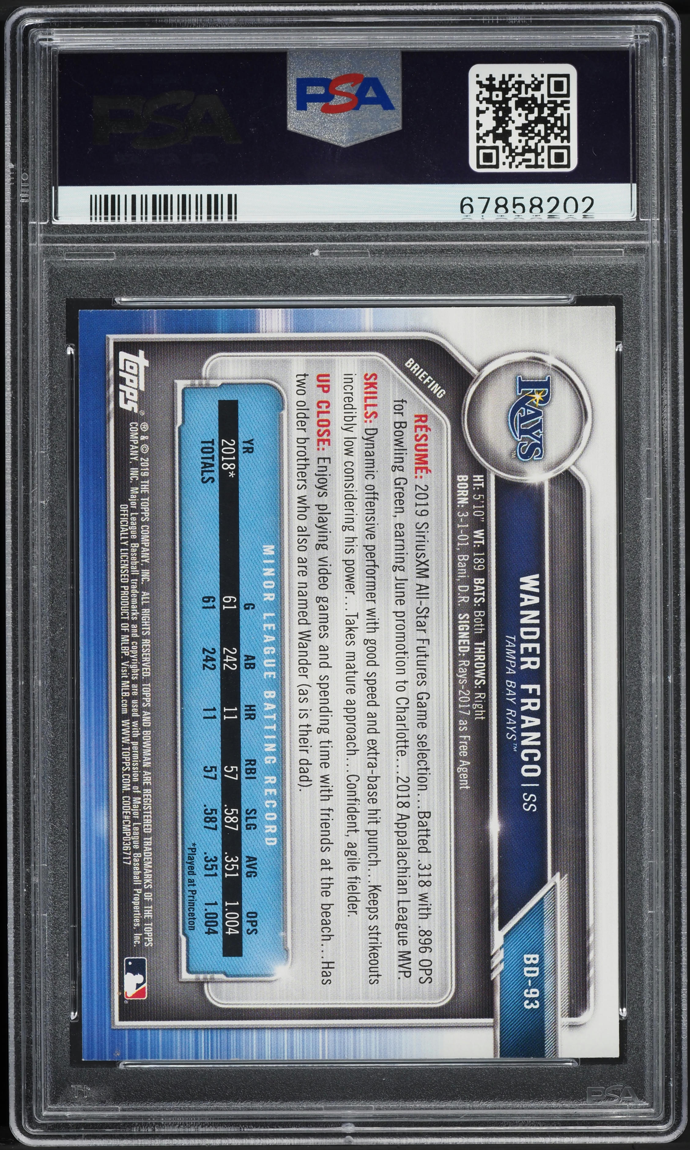 2019 Bowman Draft Wander Franco ROOKIE #BD-93 PSA 9 MINT
