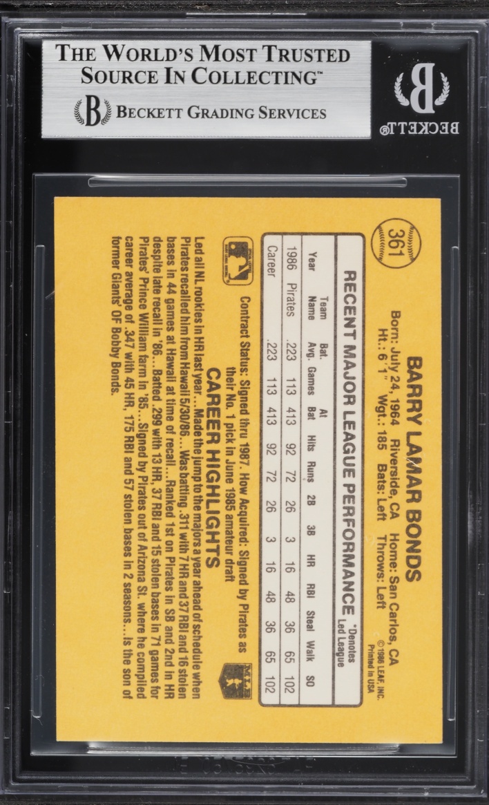 1987 Donruss Barry Bonds ROOKIE #361 BGS 7 NRMT