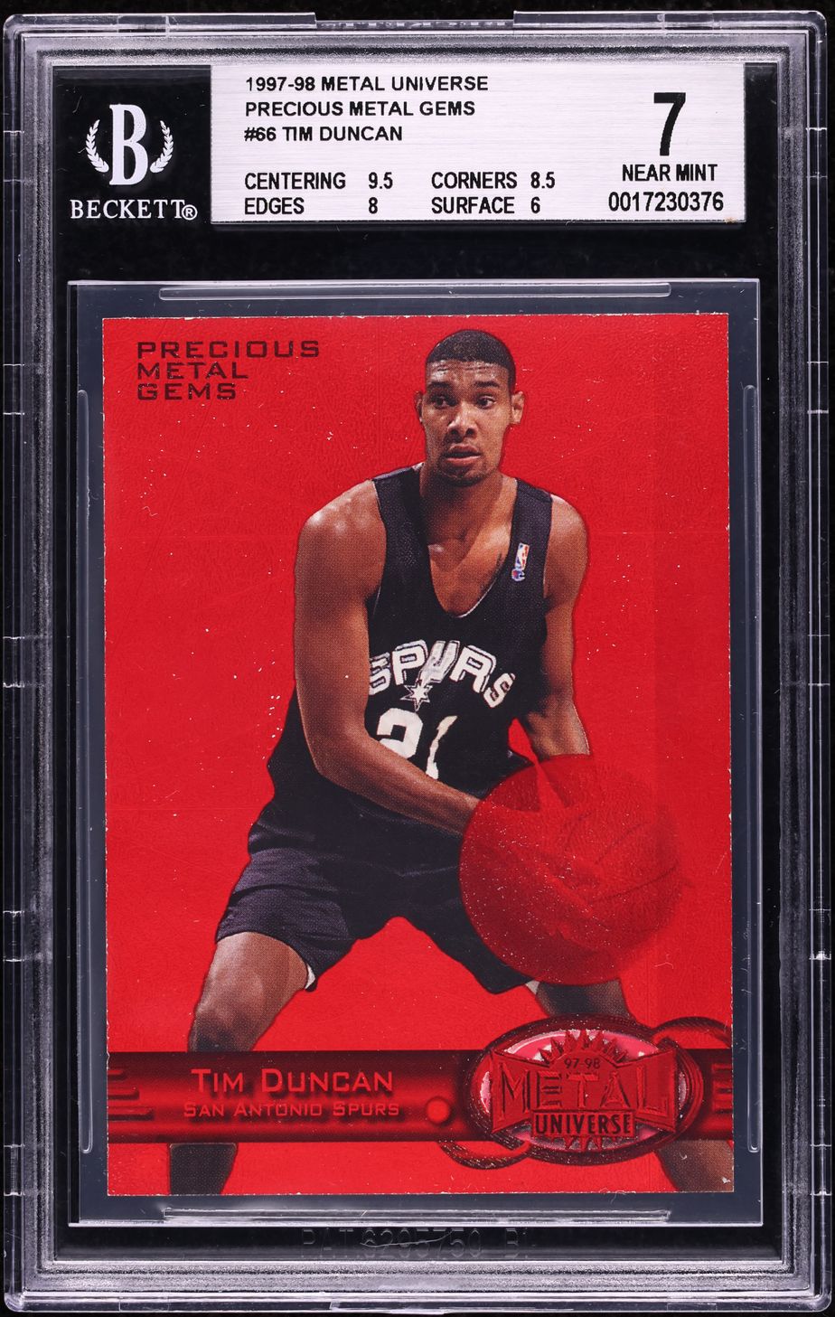 1997 Metal Universe Precious Metal Gems PMG Red Tim Duncan ROOKIE /100 #66 BGS 7