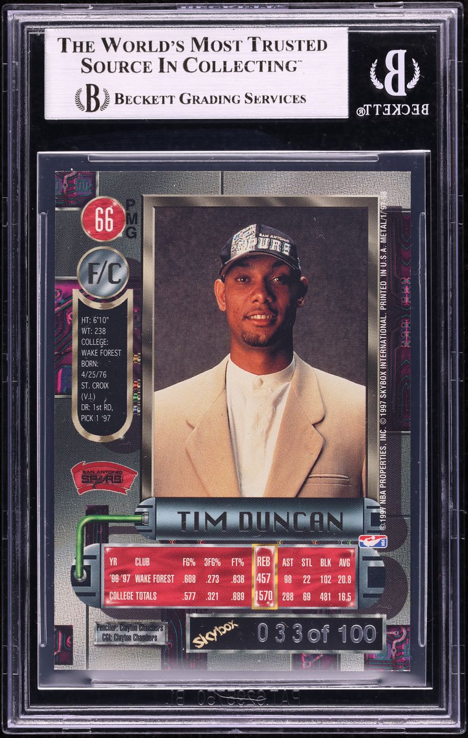 1997 Metal Universe Precious Metal Gems PMG Red Tim Duncan ROOKIE /100 #66 BGS 7