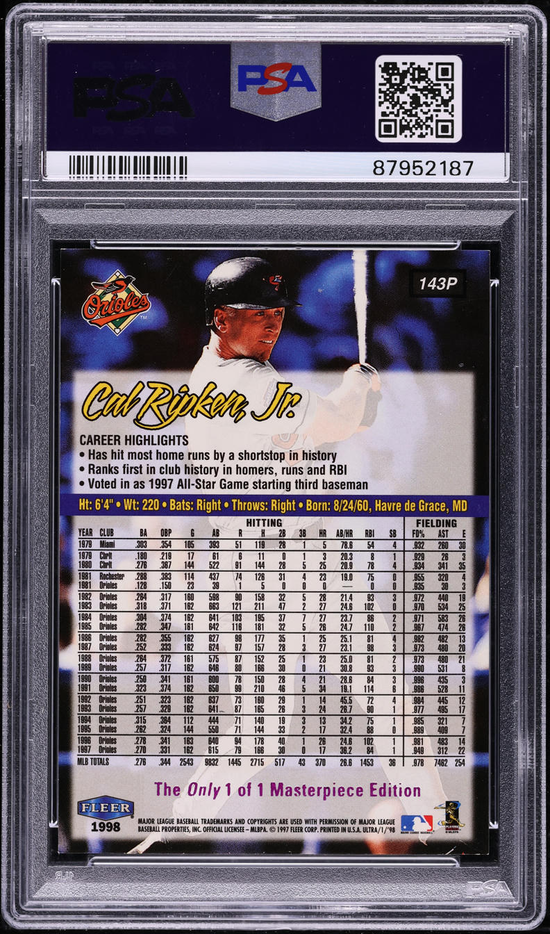 1998 Ultra Masterpiece Cal Ripken Jr. 1/1 #143P PSA 8 NM-MT