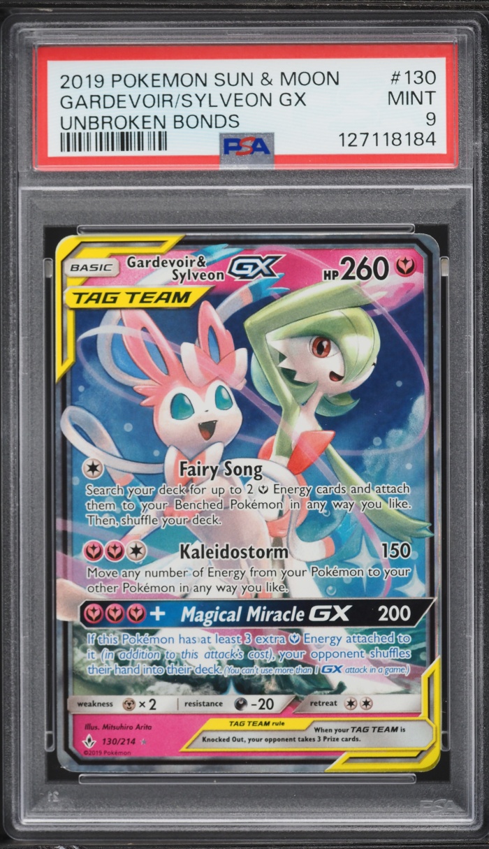 2019 Pokemon Sun & Moon Unbroken Bonds Alt Art Gardevoir & Sylveon GX #130 PSA 9 MINT