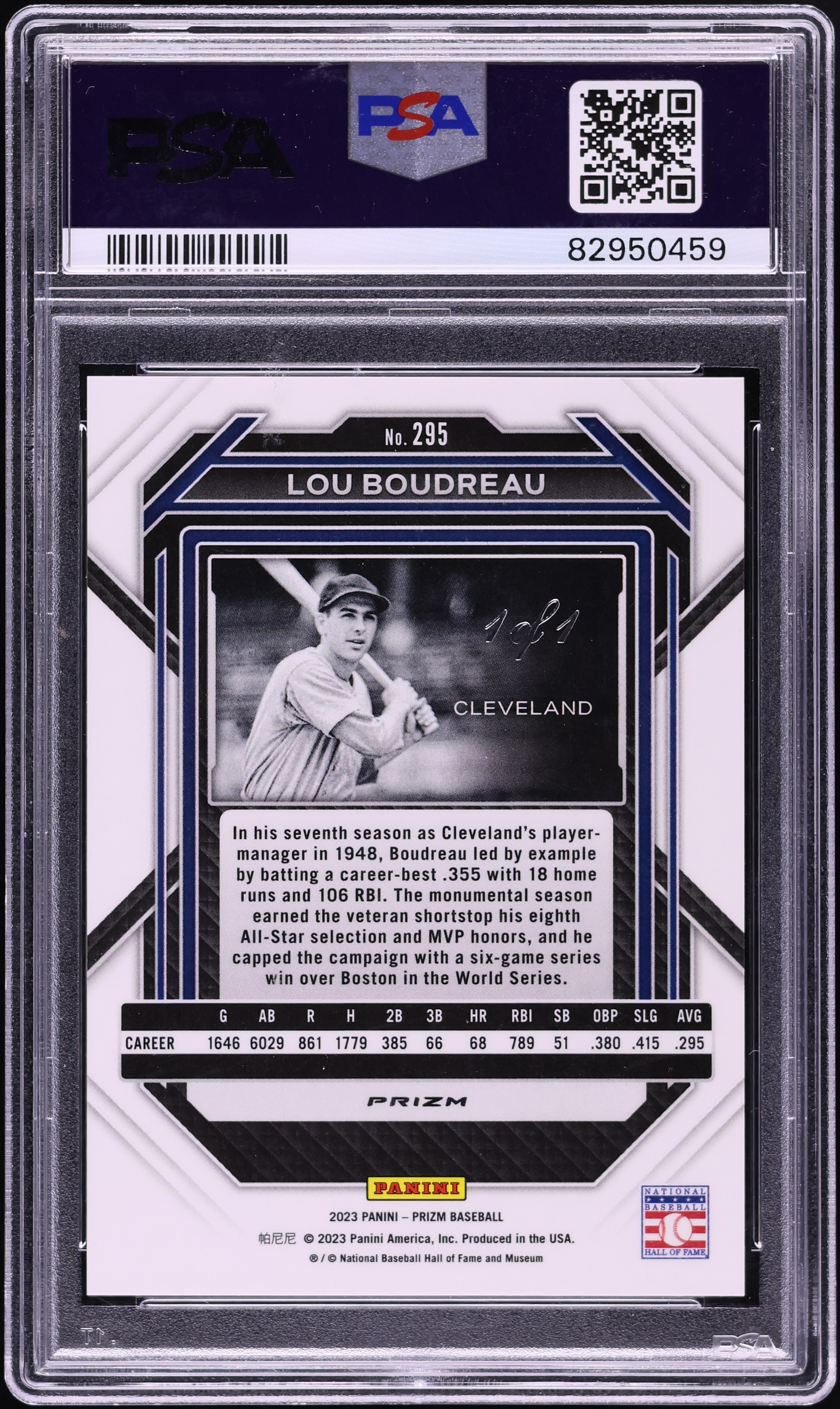 2023 Panini Prizm Gold Vinyl Lou Boudreau 1/1 #295 PSA 10