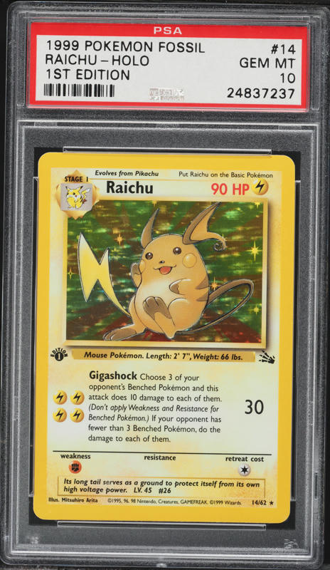 1999 Pokemon Base Set Shadowless Holo Raichu #14 PSA 9 MINT on