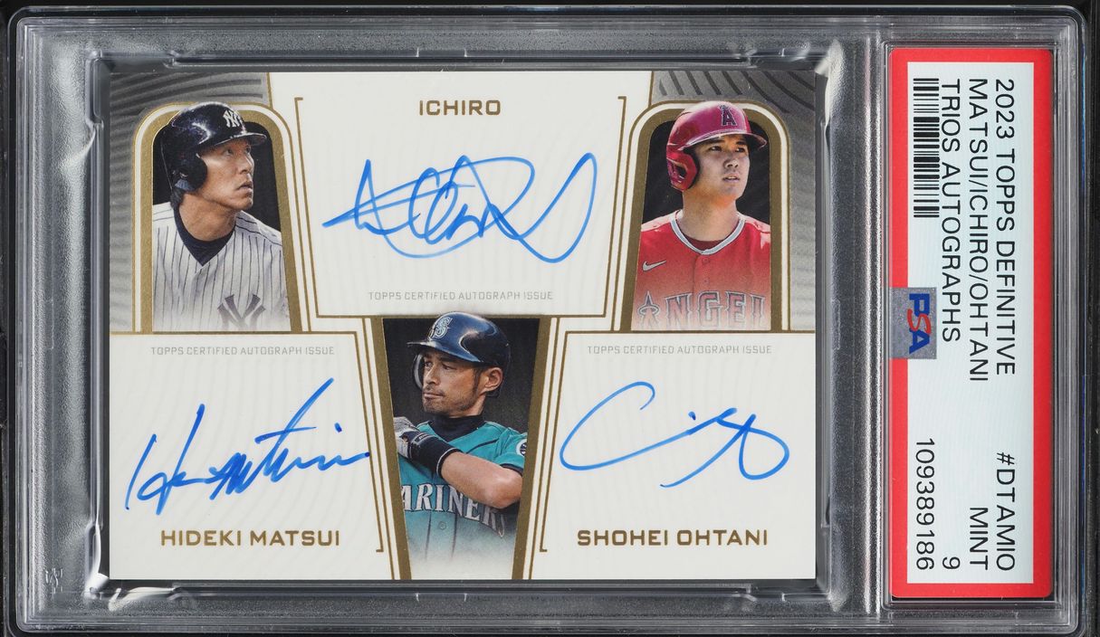 2023 Topps Definitive Collection Trios Matsui Ichiro Ohtani AUTO #DTA-MIO PSA 9